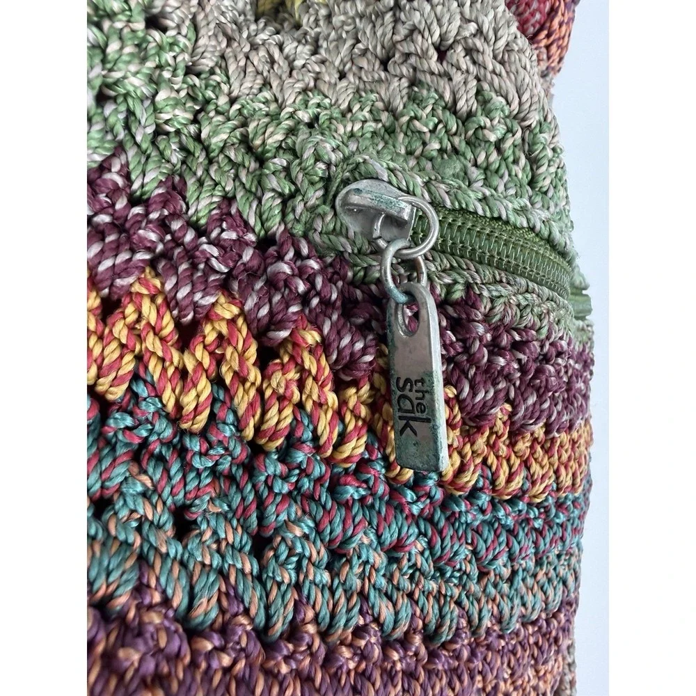 The Sak Boho Crochet Knit Backpack Bag Multicolor Striped Drawstring Purse